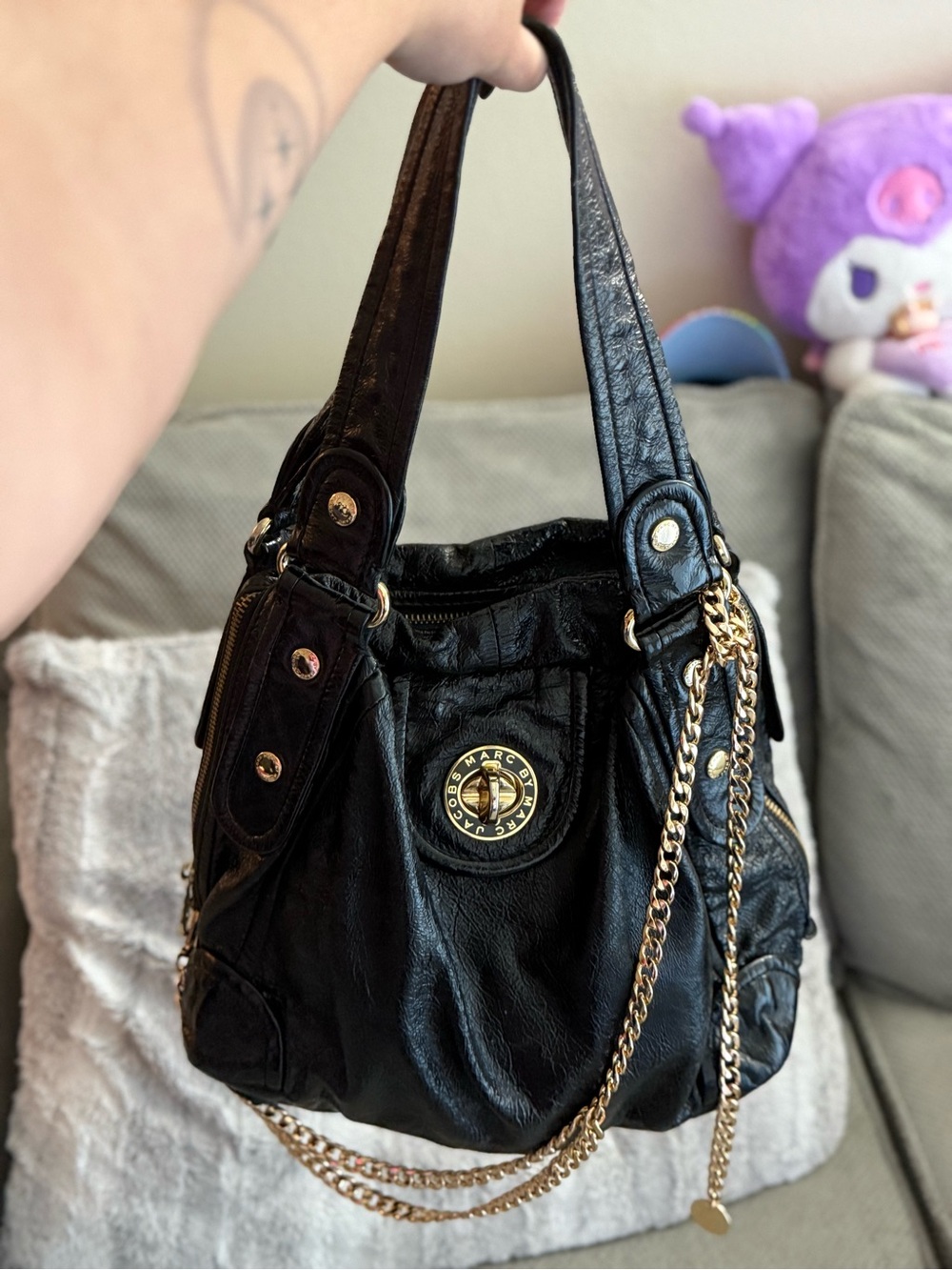 Marc by Marc Jacobs Black Leather Shoulder Bag with Gold Chain Accents